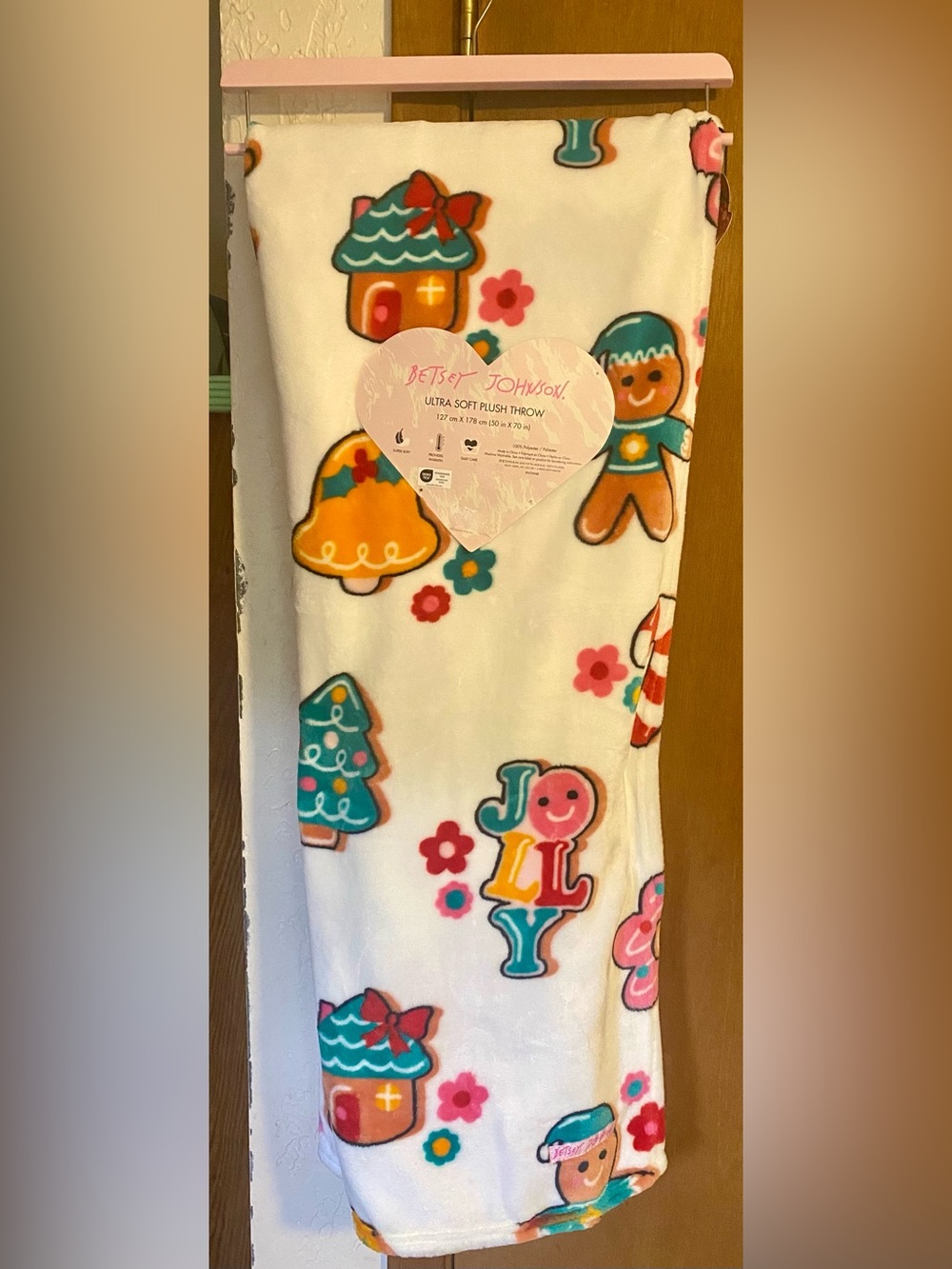 Betsey Johnson ultra-soft plush throw gingerbread cookies holiday motifs